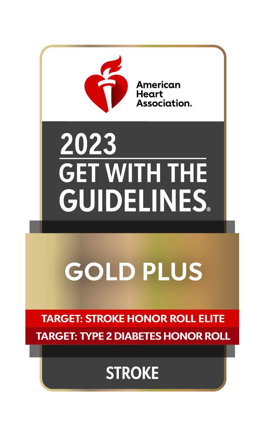 American Heart Association 2023 Get With the Guidelines. Gold Plus Target: Stroke Honor Roll Target: Type 2 Diabetes Honor Roll Stroke