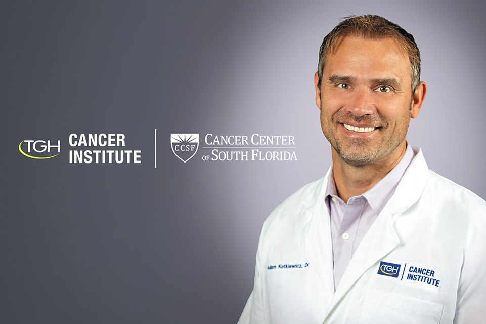 tgh cancer institute cancer center of south florida lockup logo with headshot photo of dr adamkotkiewicz