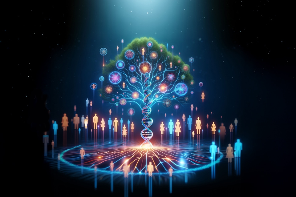 teaser image for tgh genetics program blog post featuring a glowing tree shaped like a dna helix surrounded by orange and blue glowing silhouettes of humans