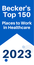 becker's healthcare vertical badge with text becker's top 150 place to work in healthcare 2023