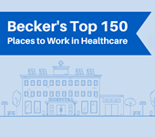 beckers top 150 places to work in healthcare badge with blue ribbon and drawing of a business on a tree-lined street