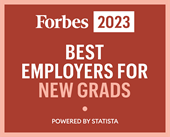 forbes red badge with text forbes 2023 best employers for new grads powered by statista