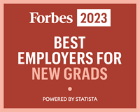 forbes red badge with text forbes 2023 best employers for new grads powered by statista