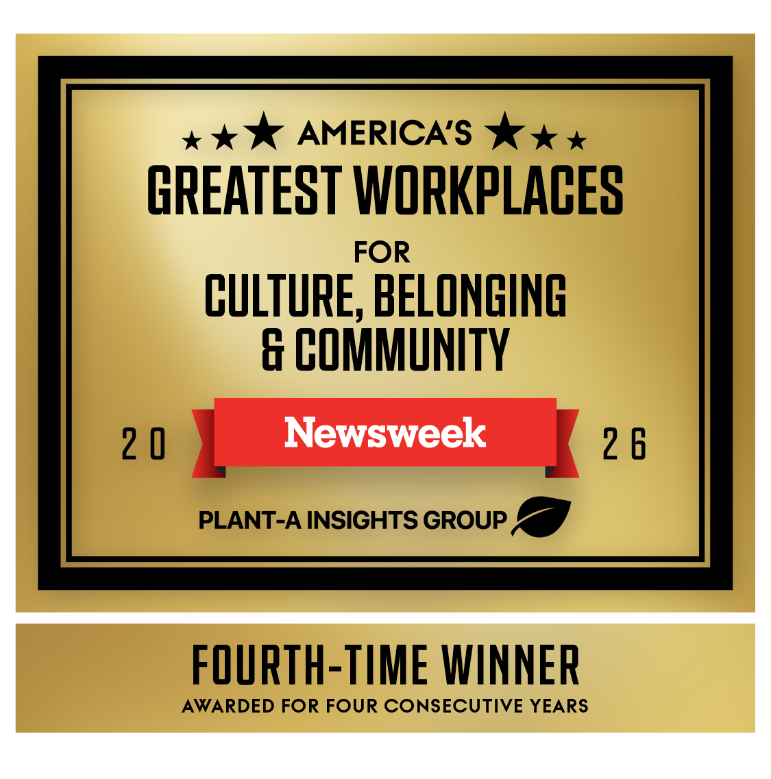 newsweek america's greatest workplaces for culture belonging & community 2026 badge with plant-a insights group logo and fourth-time winner banner with subtitle awarded for four consecutive years