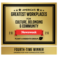 newsweek america's greatest workplaces for culture belonging & community 2026 badge with plant-a insights group logo and fourth-time winner banner with subtitle awarded for four consecutive years