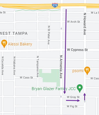 screenshot of google maps with directions for entering the bryan glazer jewish community center for tgh new team member orientation sessions