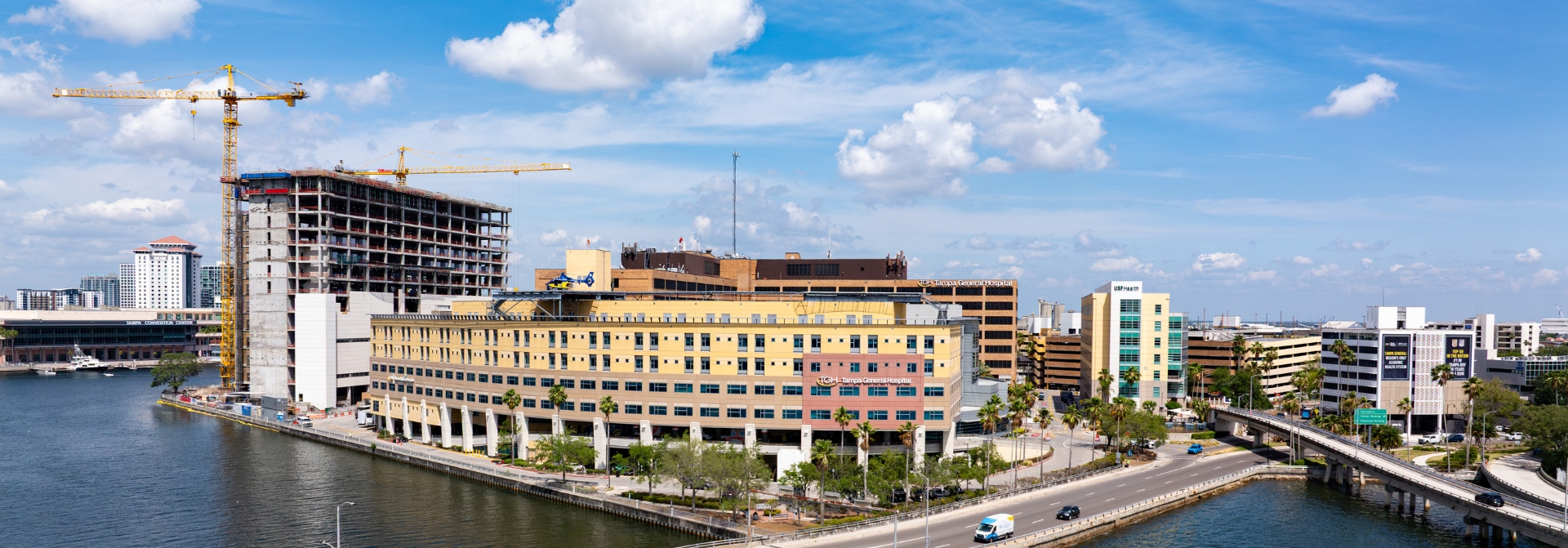 aerial photo of tampa general hospital on davis islands with taneja tower construction in the background