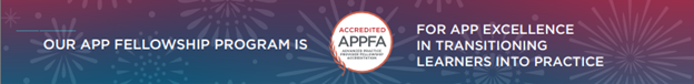 Banner with a blue-to-red gradient background and fireworks design. Text reads: 'Our APP Fellowship Program is accredited APPFA for APP excellence in transitioning learners into practice.' Centered is a circular badge with the words 'Accredited' and 'APPFA'.