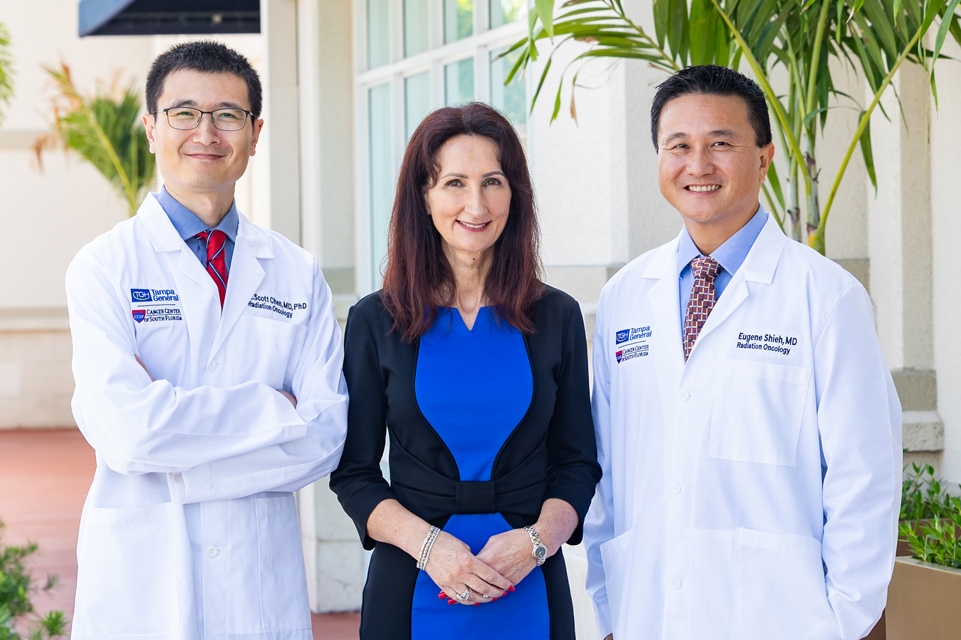 providers from tampa general mass general brigham cancer care tam pictured left to right: dr. xuguang scott chen, petrina zuvic, and dr. eugene shieh