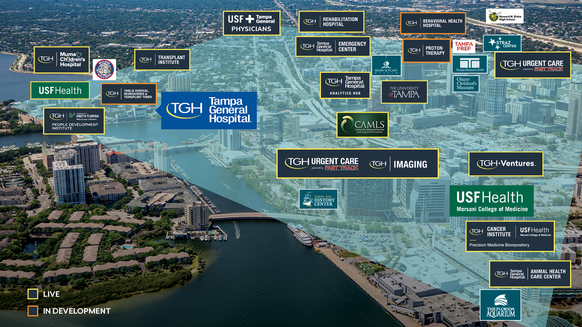 tampa's medical and research district map with aerial view of downtown tampa and logos from participating organizations