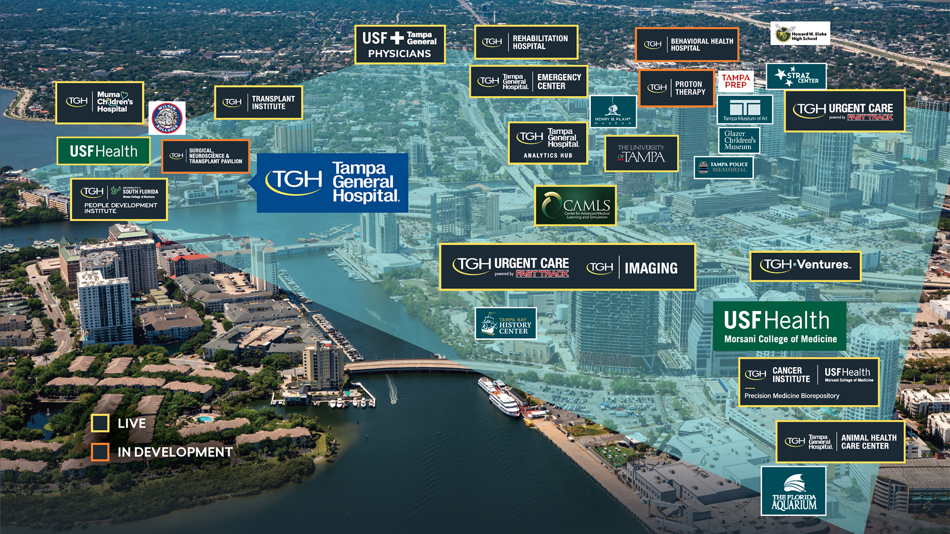 tampa's medical and research district map with aerial view of downtown tampa and logos from participating organizations