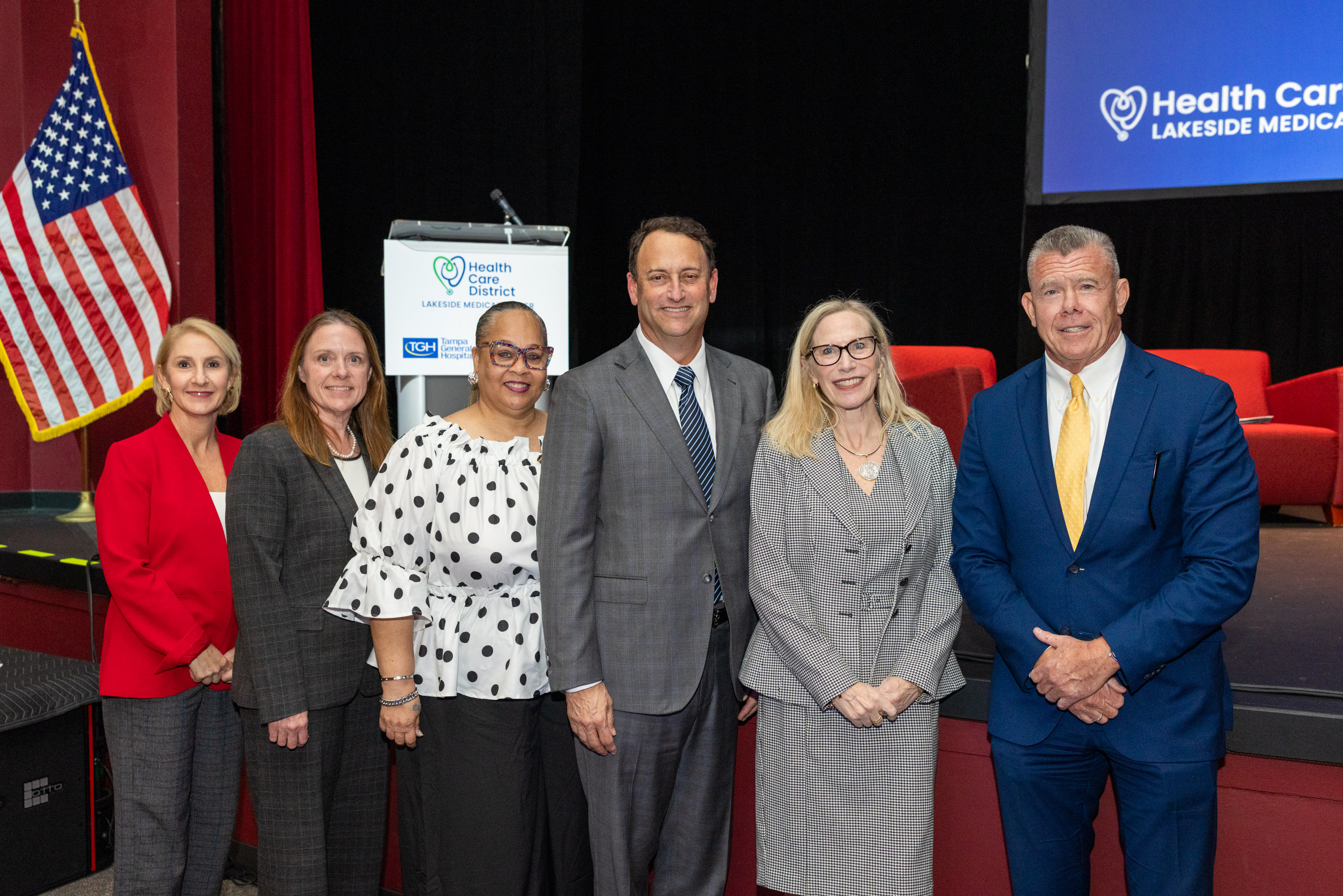 From Left to right: Stacey Brandt, Gina All, Tammy Jackson Moore, John Couris, Darcy Davis, Ron Doncaster at the town hall announcing Tampa General Hospital and Health Care District of Palm Beach County to open Lakeside Cancer Center in September 2027.