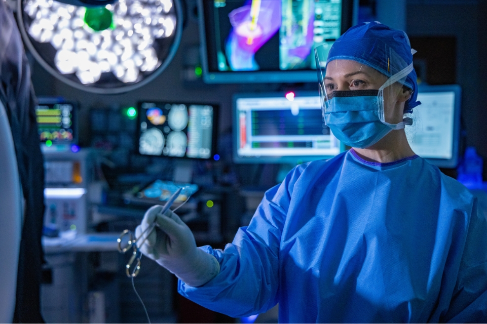 Neurosurgery in progress at Tampa General Hospital using O-Arm imaging and multiple monitors for 3D navigation during the Academic Medicine Campaign