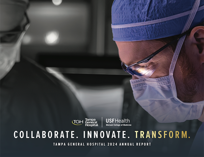 2024 tgh annual report cover image featuring closeup shot of physician in color with black and white background, tgh usf health lockup logo, and the title "collaborate. innovate. transform."