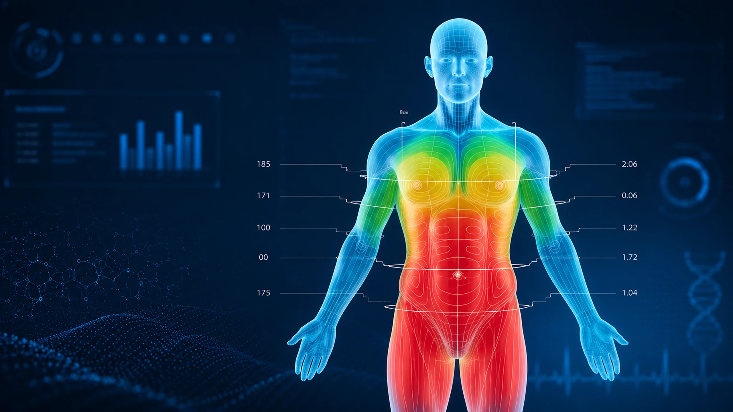 Medical illustration showing the digital body composition scan highlighting metabolic health indicators across the torso and abdomen