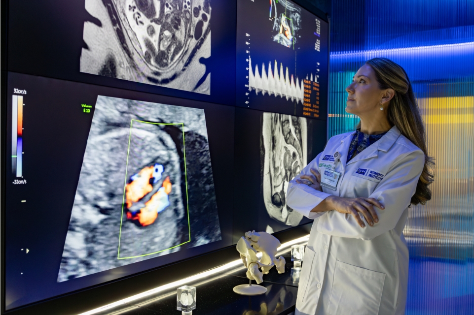 Dr. Sarah Obican of TGh Womens Institute and USF Health views a wall of monitors showing anatomical images in a laboratory setting