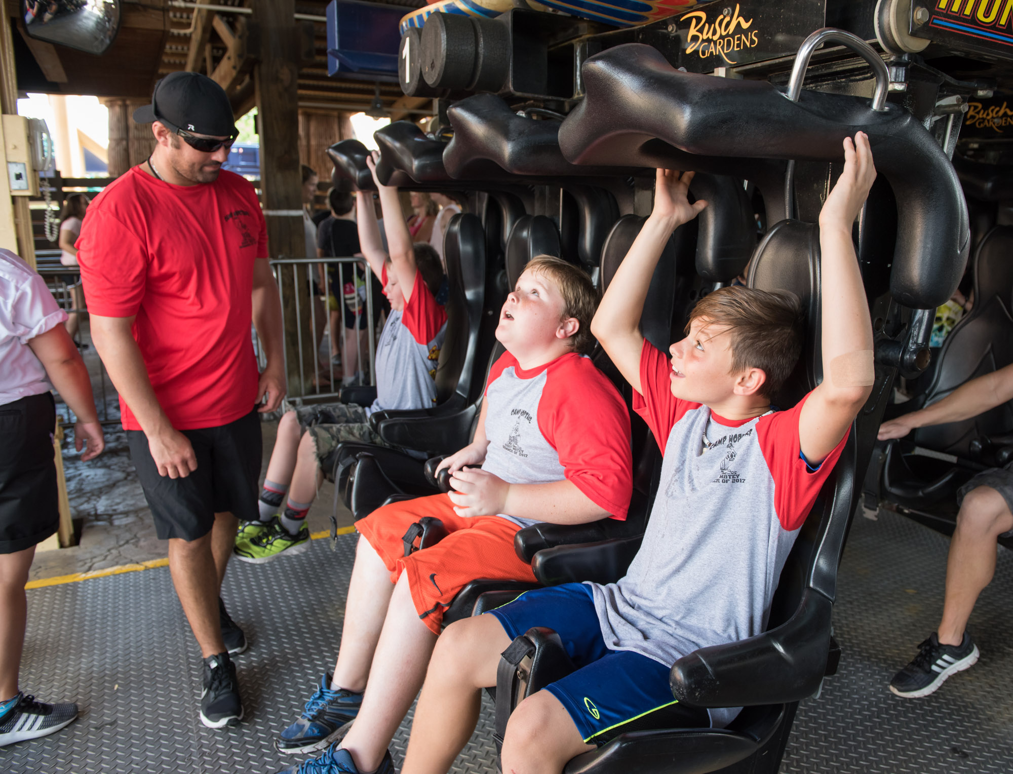 Group of boys on Montu at Busch Gardens with Camp Hopetake