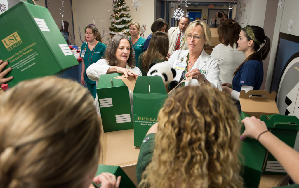 Pre-nursing students and nursing alumni from the University of South Florida visited Tampa General Hospital to deliver custom panda bears to patients in the Children’s Medical Center.