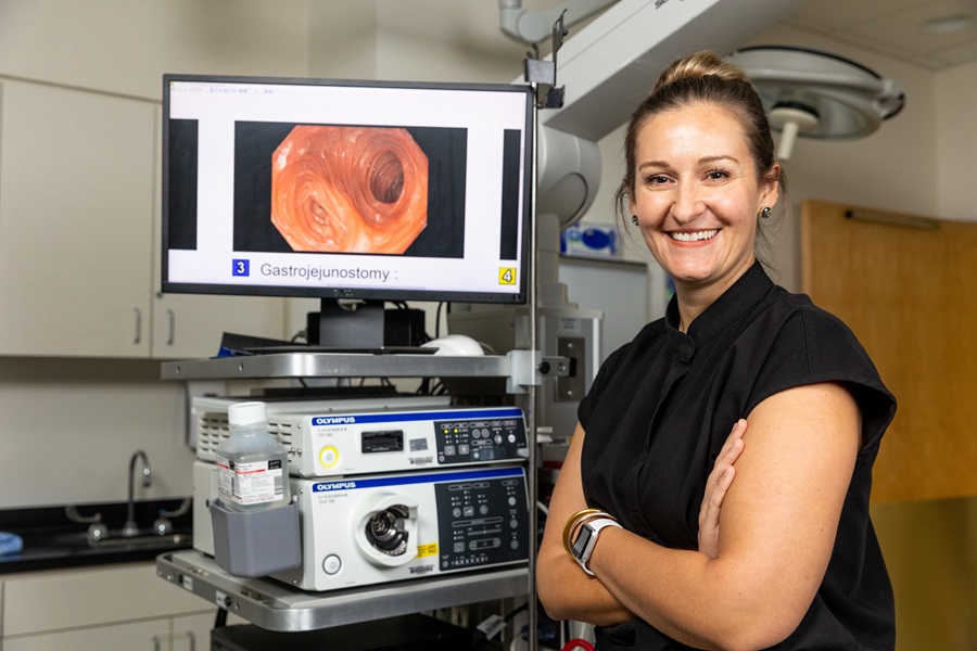 camille thelin md pictured with medical equipment specializes in motility disorders