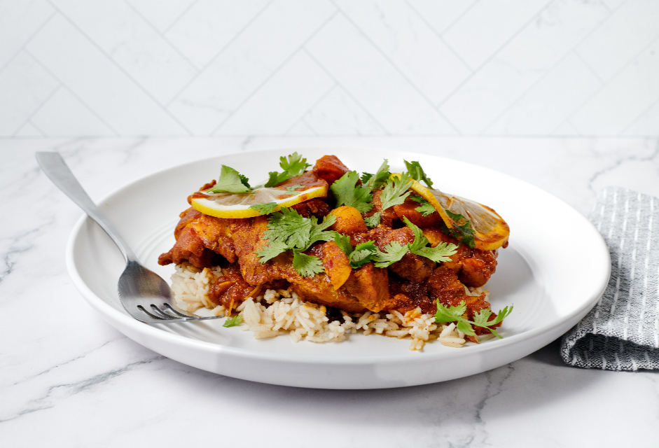 Citrus Chicken Tagine with harissa, apricots, olives, and rice pilaf from Tampa General Hospital’s new menu.