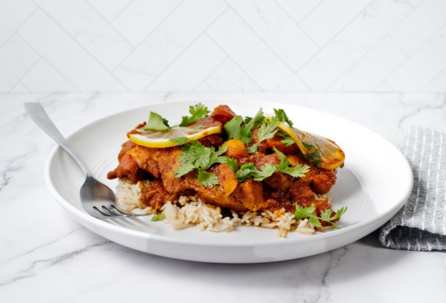 Citrus Chicken Tagine with harissa, apricots, olives, and rice pilaf from Tampa General Hospital’s new menu.