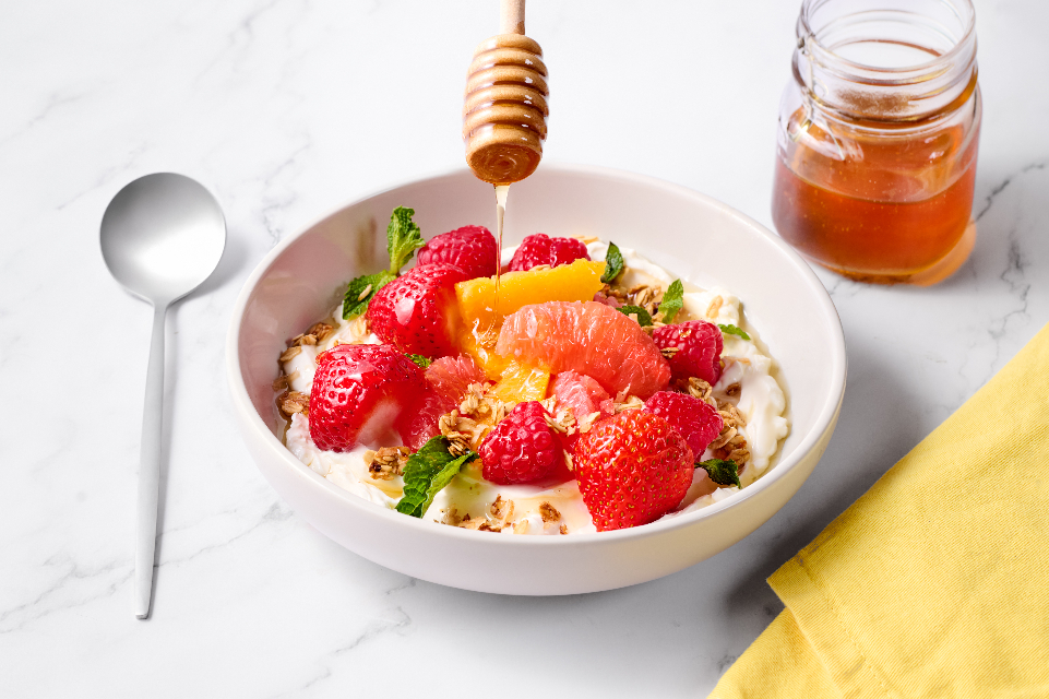 Greek Sunday Morning with Greek yogurt, fresh fruit, granola, mint, and honey from Tampa General Hospital’s new menu.