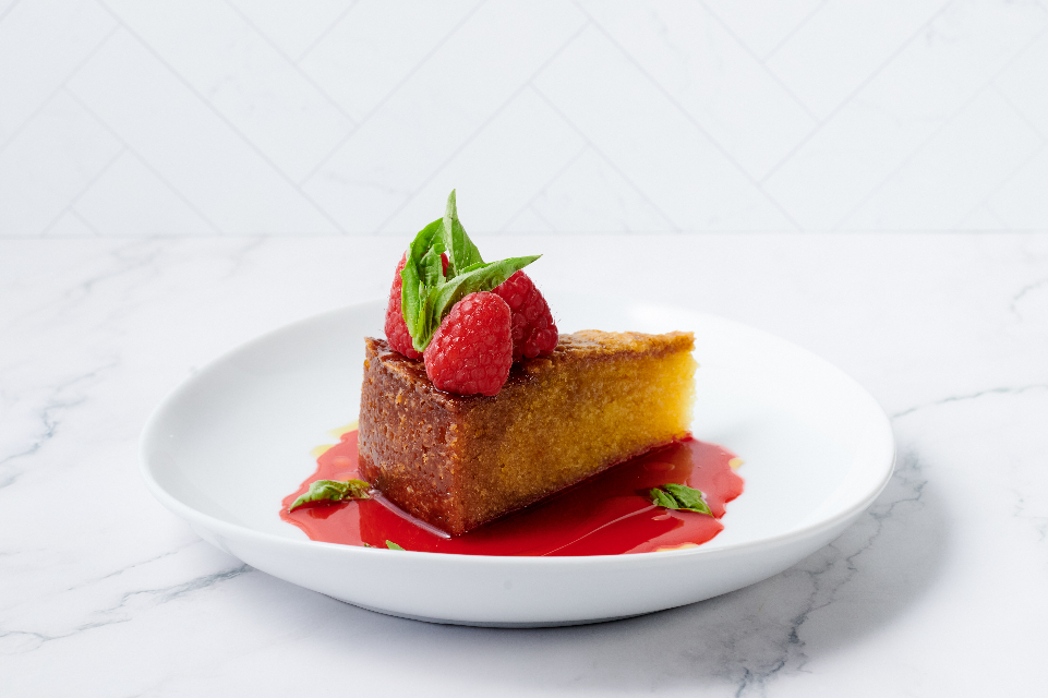 Orange Olive Oil Cake with raspberries and mint from Tampa General Hospital’s new menu.