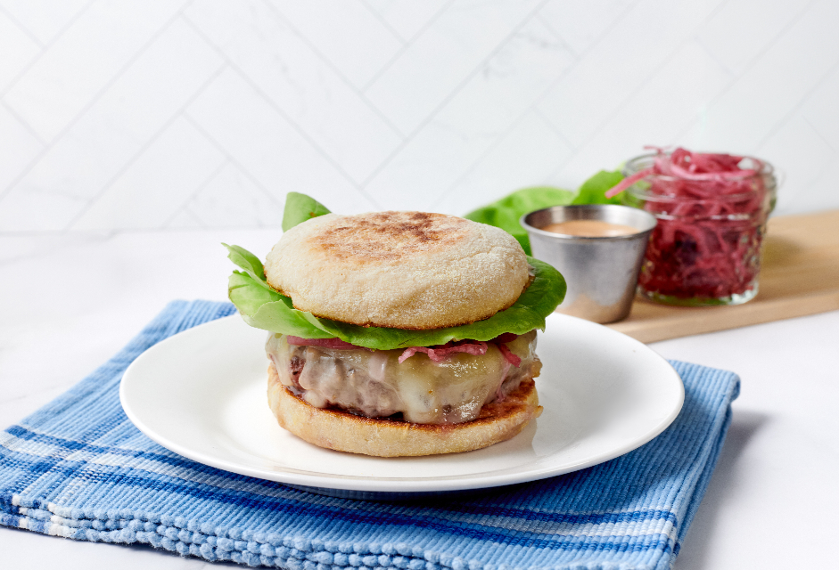 Ugly Burger with a side of sauce and pickled onions from the new TGH patient menu