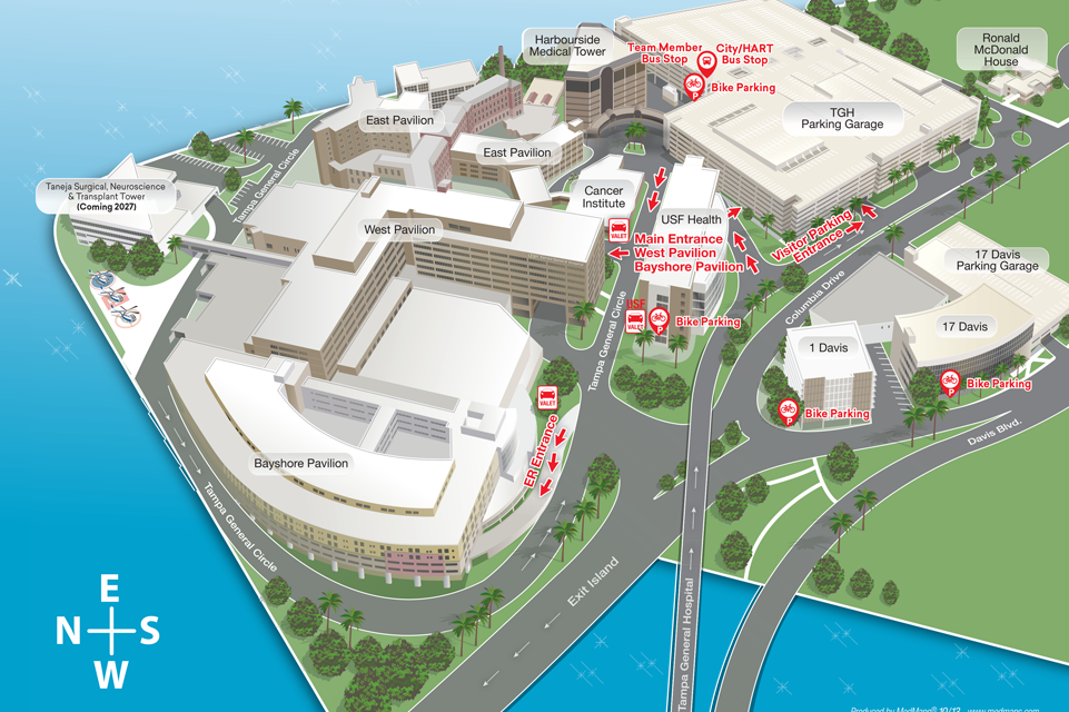 Map of TGH Davis Islands campus with labeled pavilions, parking garages, entrances, bus stops, and bike parking areas