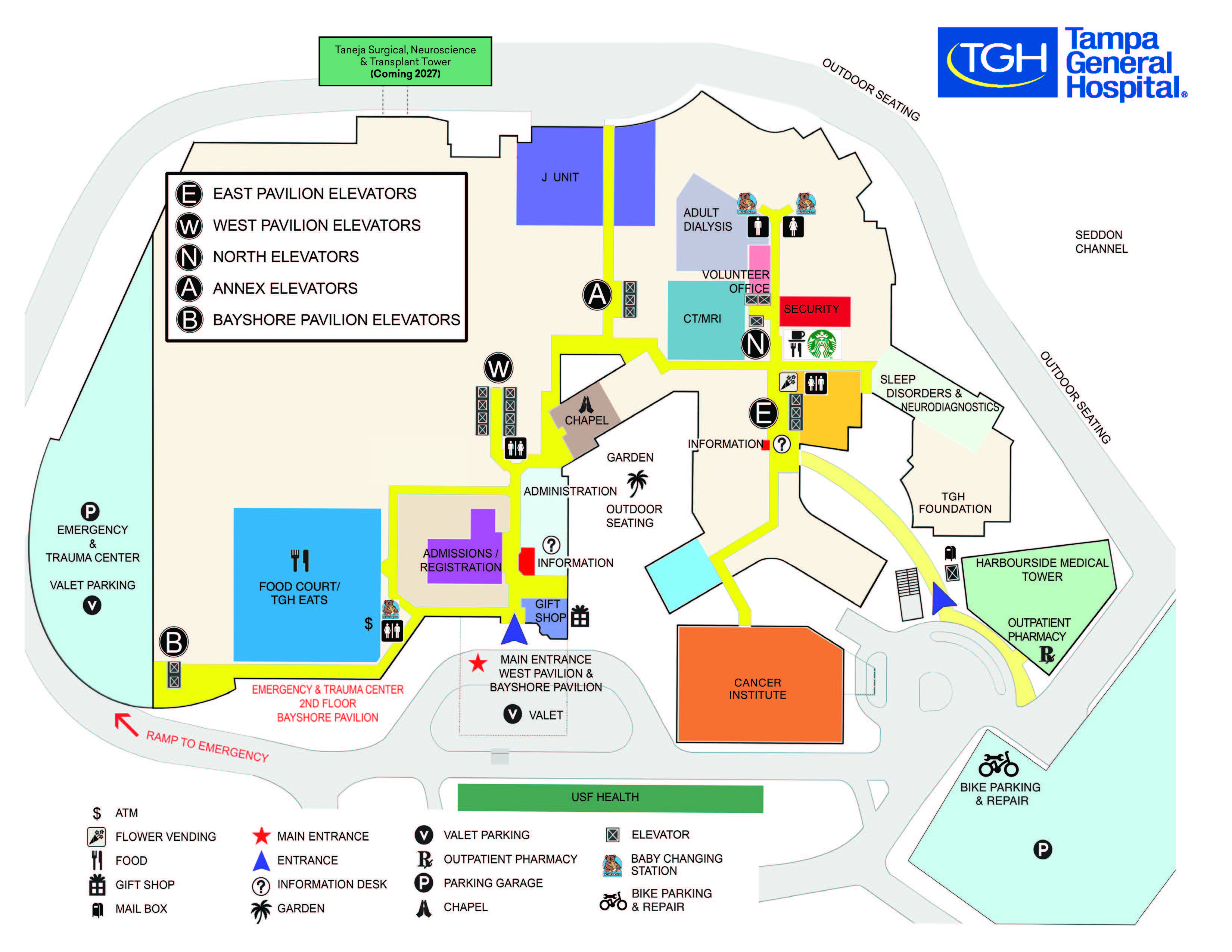 Tampa General Hospital first‑floor map showing entrances, elevators, key clinics, dining, and patient services.