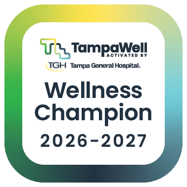 tampawell champion seal with tampawell activated by tampa general hospital logo and text wellness champion 2026-2027