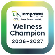 tampawell champion seal with tampawell activated by tampa general hospital logo and text wellness champion 2026-2027