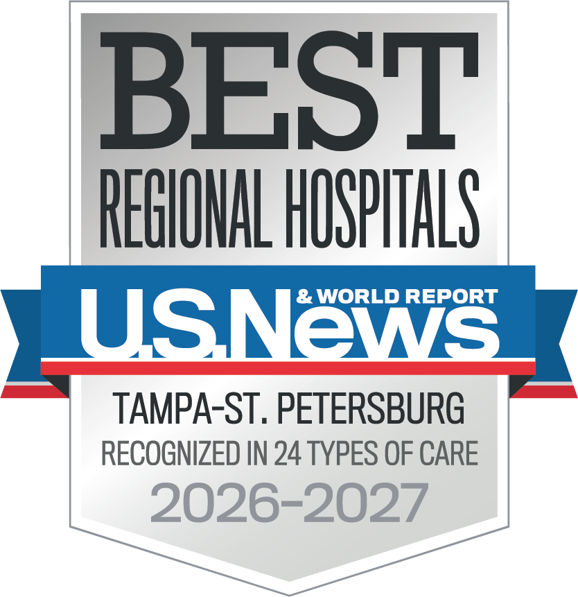 U.S. News & World Report Silver badge recognizing Tampa General Hospital for 24 types of care in Tampa-St. Petersburg region 2026-27